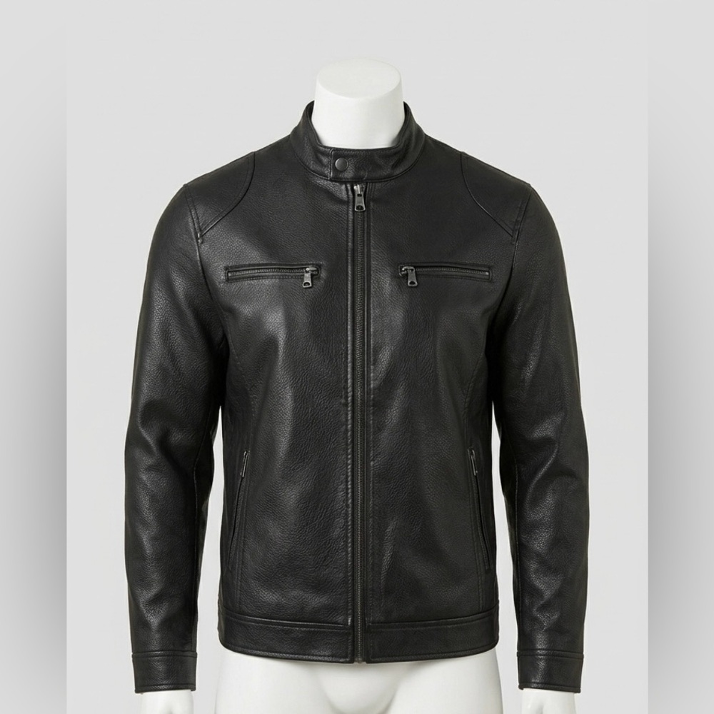 Mens Black Faux Leather Moto Biker Jacket Men’s 2XL